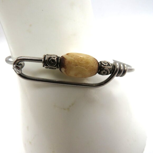 Wire Bangle Bracelet Carved Wood Slide Bead Silver Tone Natural Boho Hippie - Picture 2 of 13